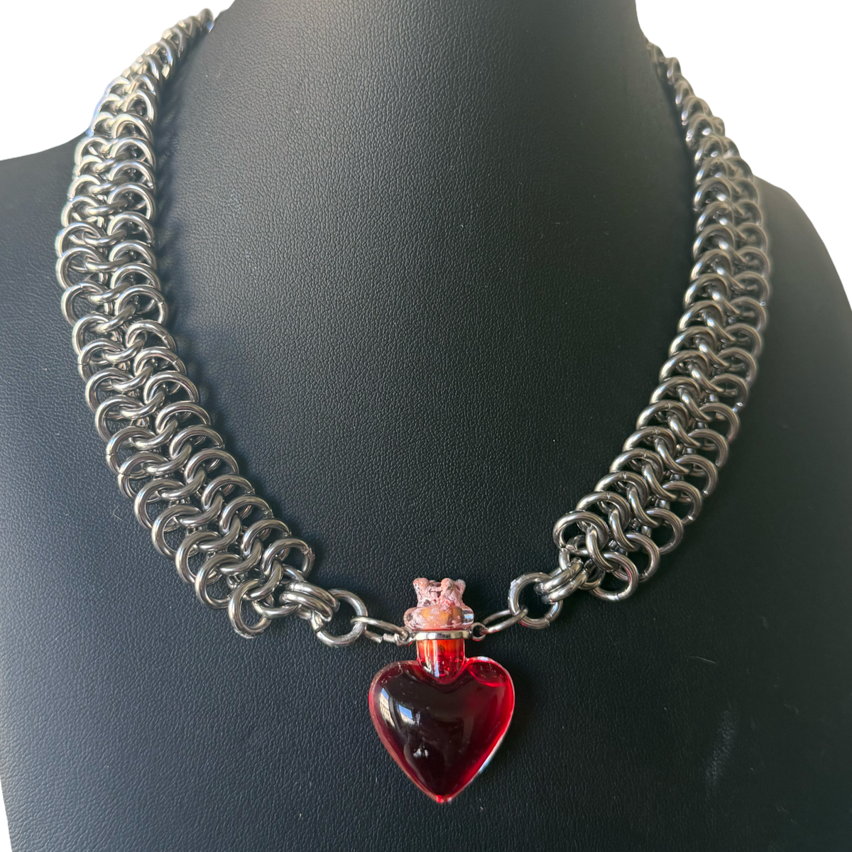 Chainmaille bloody heart vial necklace